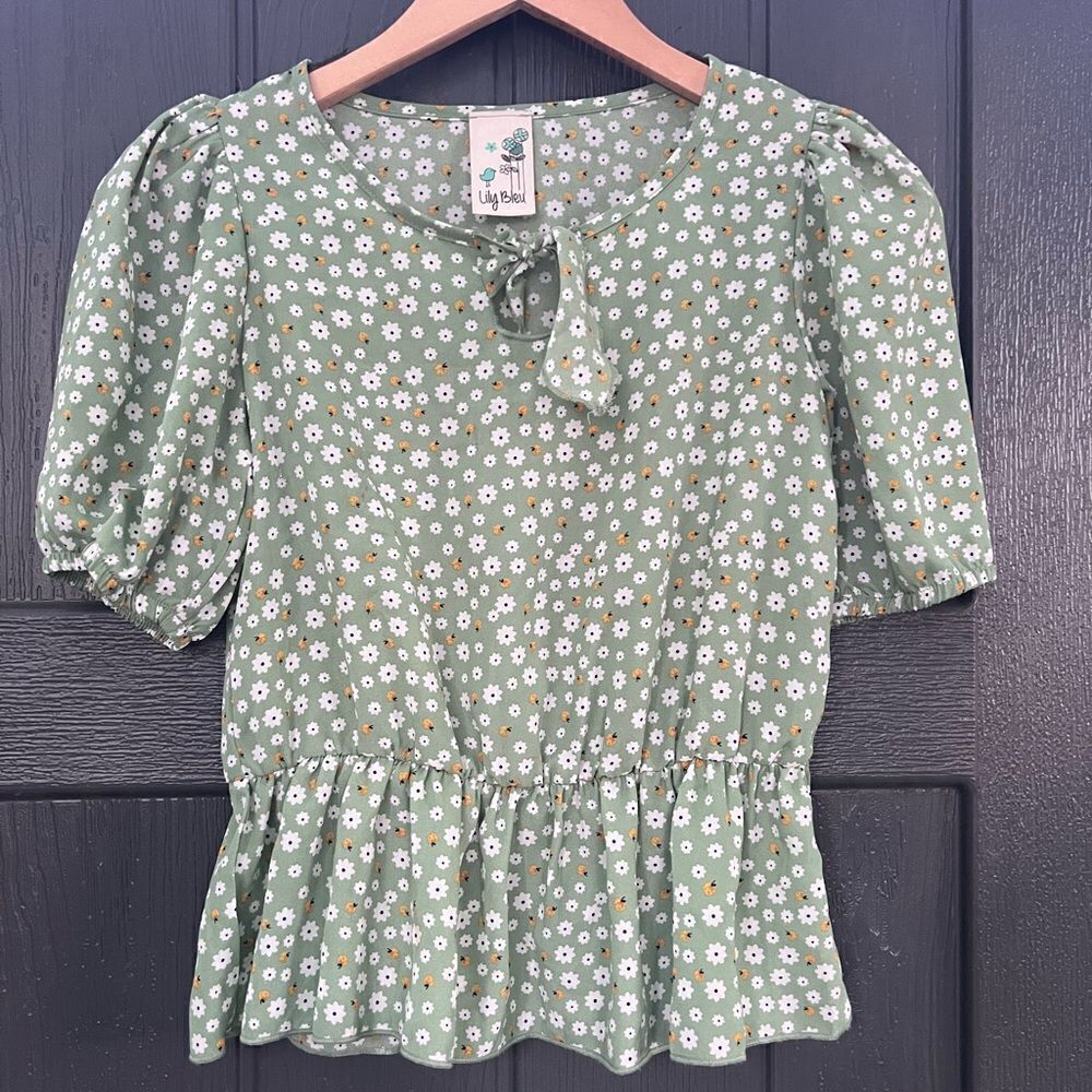 Lily Bleu Green Floral Girl blouse size 12